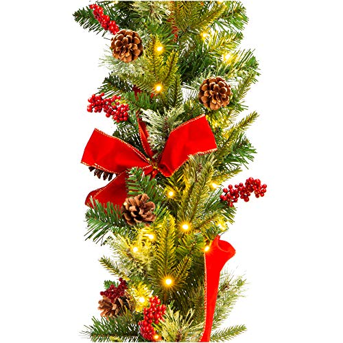 Best Choice Products 9ft Pre-Lit Christmas Garland, Battery Powered Accent Decoration for Fireplace, Mantel, Doorway w 100 Lights, 180 Tips, Ribbons, Berries, Pine Cones