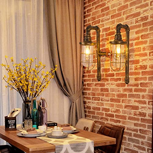 Image of TFCFL 2 Light Vintage Steampunk Wall Light, Retro Wall Sconce Light Industrial Water Pipe Wall Lamp Light Fixture E26 60W Max for Bedroom Living Room Bronze Finish