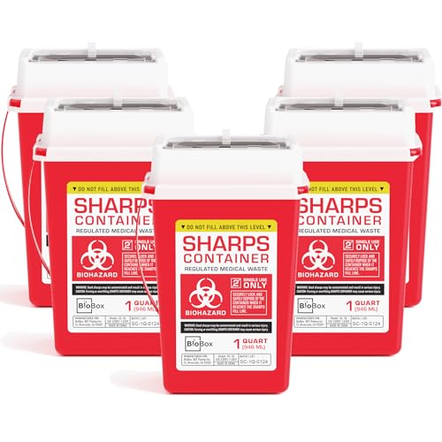 Image of Sharps Container - Small Sharps Containers for Home Use, Travel & Disposal | 1 Quart (Pack of 5), Portable, Puncture-Resistant, Dual Locking Lid, Fits Needles & Syringes