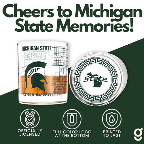 Image of Greenline Goods Michigan State University Spartans Whiskey Glasses Set of 2, 10 oz Rocks Glasses with Full-Color Logo & Campus Map - Officially Licensed Bourbon Glass Gift for Alumni & Fans