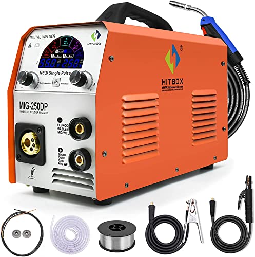Hitbox 250Amp Aluminum Mig Welder - 5 In 1 Gas Mig/Gasless Flux Mig/Lift Tig/Mma Stick Multiprocess Mig Welding Machine 110V/220V Igbt Inverter Welder Machine With Colorful Lcd Dispaly, Single Pulse #TOP20