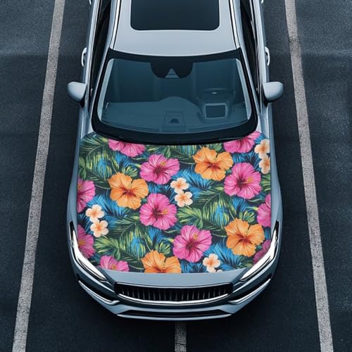 Image of Colorful Hibiscus Flowers Leaves Car Hood Cover, Car Bonnet Banner, Universal Fit, Elastic Polyester, Stretchable, Waterproof Automotive Hood Covers,Car Accessories