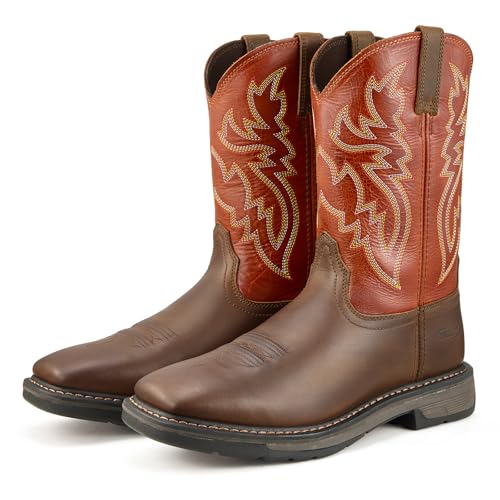 Palitutu Men's Cowboy Boots Square Toe Genuine Leather Western Work Boots for Men Goodyear Welt Construction with Non-Slip Rubber Sole Handcrafted Embroidered Mid-Calf Boot