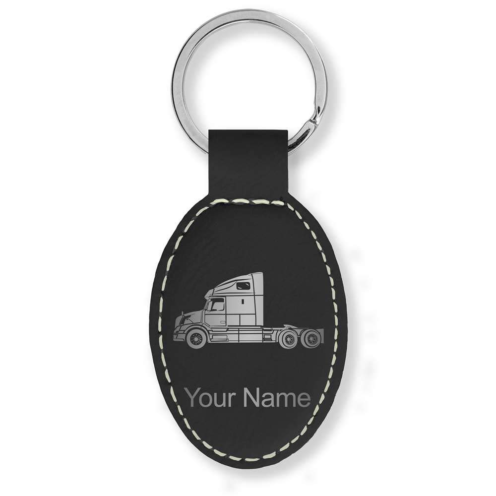 LaserGram Oval Keychain, Truck Cab, Personalized Engraving Included (Black with Silver)