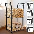 GREENER 2 Tiers Indoor Firewood Rack with 4 Hooks - Portable Outdoor Firewood Rack, Heavy Duty Log Rack Wood Holder, Sturdy Firewood Storage Stand for Fireplace, Patio, Fire Pit, Stove - Black