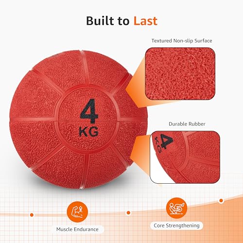Image of Amazon Basics Rubber Medicine Ball | 4 Kg | for Strength Training, Core Workouts, Endurance Training | Non-Slip Surface | Red