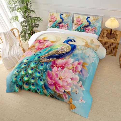 Image of Peacock Comforter Set Queen Size,Floral Peacock Bedding Comforter Set for Boys Girls,Animals Bird Flower Feather Print Blue Gold Bedding Set, Rainbow Gradient Watercolor Decor