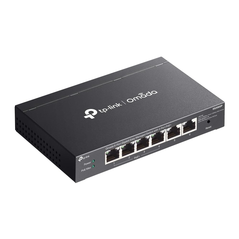 TP-Link ES206GP Commutateur réseau Gigabit PoE 6 ports, 4 ports PoE+, budget total de 65 W, commutateur réseau, commutateur Ethernet Omada, répartiteur Ethernet, boîtier en métal, gestion facile du
