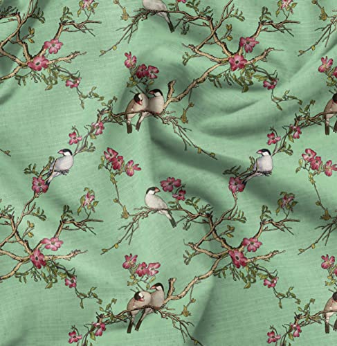 Soimoi Vert Japon Crepe Satin Tissu Floral et Franklin Gull Oiseaux Imprims Artisanat Tissu au Metre 42 Pouces Large