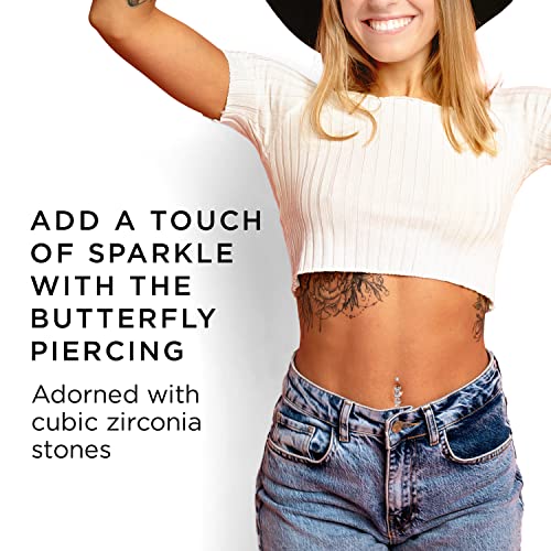 Pierce2Go Anodized Silver 316L 3 Butterflies Dangle Belly Ring With Cz Stones (Clear) #TOP3