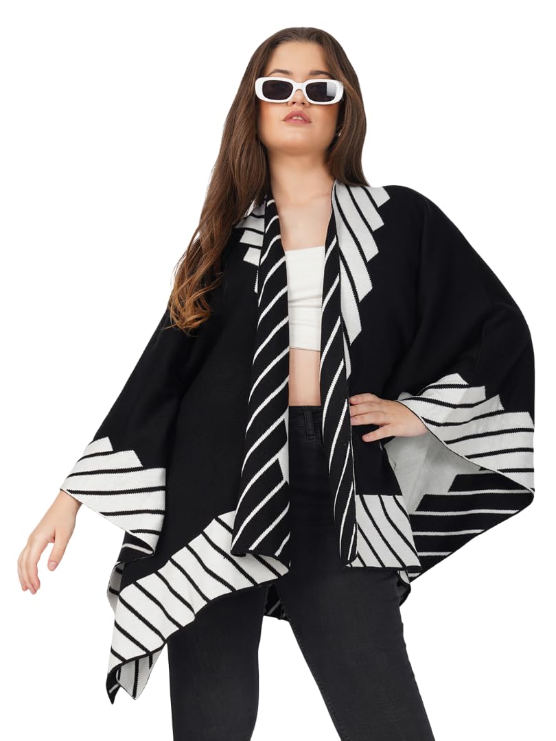 joe hazel Women Monochrome Striped Open Front Poncho - Black & White-picture-32