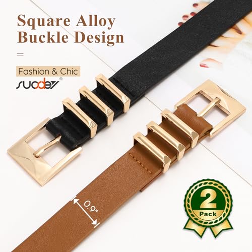 Image of SUOSDEY 2 Pack Women Faux Leather Belts for Jeans Dresses Pants Fashion Ladies Waist Belt with Gold Buckle 0.9 inch Width, 1-black+brown, Fits Waist Size 28 inch-32 inch