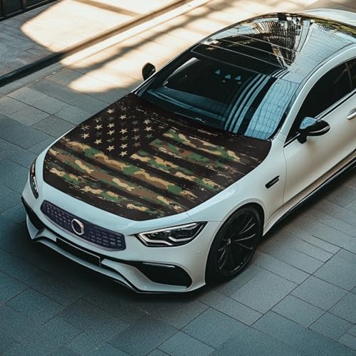 Image of American Flag Green Camo Design Car Hood Cover Protector Waterproof Sun-Proof Auto Hood Flag 4th of July Patriotic Decorations Automotive Exterior Accessories