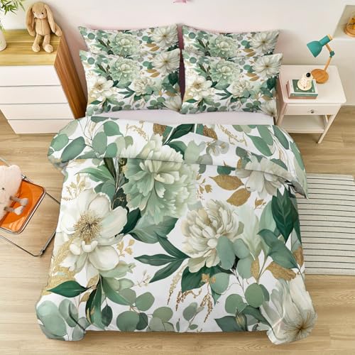 Bettwäsche Aquarell Goldfolie Vintage-Pfingstrosen Thema Grau Grün...