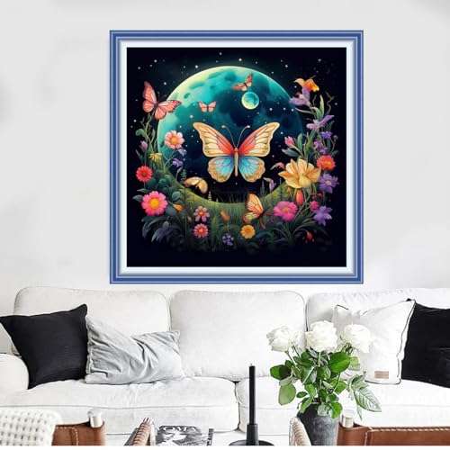 Image of Funxvoot Stamped Cross Stitch Kits Beginners Full Range of Embroidery Kits for Adults 11CT Embroidery Patterns Needlepoint Kits Printed Cross Stitch Kits -（Moon Butterfly 18x18 inchs）