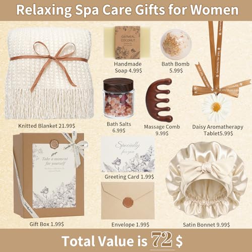 Self Care Gifts Baskets for Women, Spa Care Package for Women, Birthday Gift Get Well Soon Gifts Thinking of You Gift Basket Summer Home Spa Set with Bonnet & Massgae Comb for Mom Friends Her, Beige — view 2