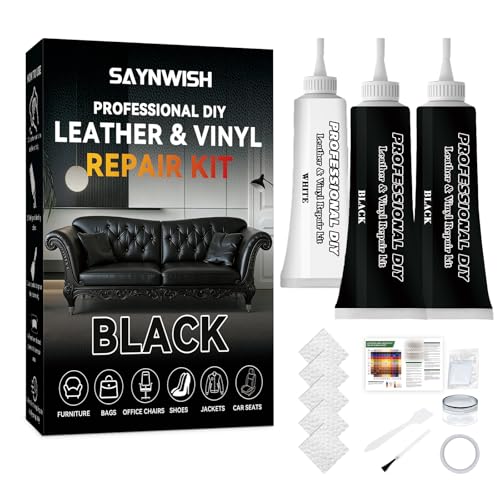 Saynwish Leather Repair Kit - Restores Faux,Vinyl,Artificial and Real Leather,Sofa,Jacket,Car Seats and Purse.Professional Results,Repairs Burn Holes,Scratches,Tears (Black)