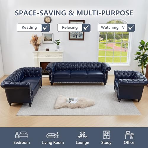 Image of QHITTY 3 Piece Living Room Set, Sectional Chesterfield Sofa Chair Contemporary Upholstered Artificial Leather Loveseat Couch Sets for Living Room, Bedroom, Office (Blue)