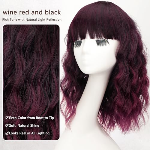 Image of Nnzes Short Wavy Bob Wig with Bangs for Women Shoulder Length Curly Wine Red and Black Synthetic Heat-Resistant Fiber Hair for Daily & Party Use