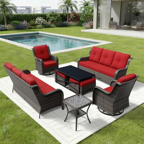 Image of Joyside 8 Piece Wicker Patio Furniture Set, Outdoor Swivel Rocker Patio Chairs with High Back, Deep Seating, Wide Armrest, Thickened Cushions, Outdoor Furniture for Deck, Porch Use