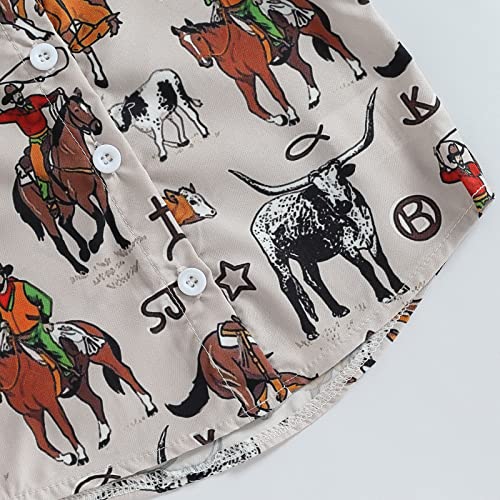 Western Baby Boy Clothes Cow Print Shirts Short Sleeve Button Down Lapel Neck Tops Summer T-Shirt 6M-4T C-Grey #TOP4