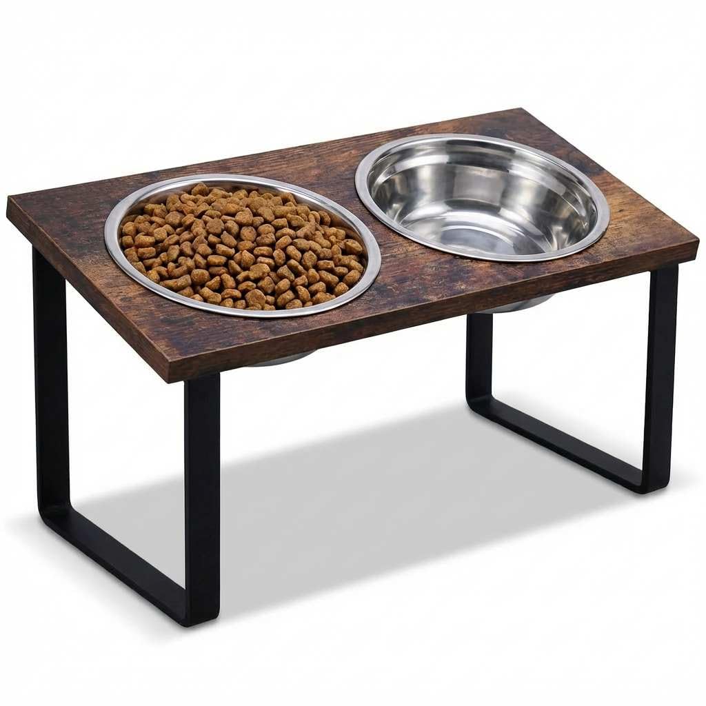 Soporte elevado para cuencos para perros medianos y grandes, comedero elevado de MDF con 2 cuencos de acero inoxidable, juego de platos inclinados para comida y agua para perros, estación de