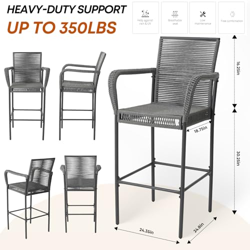 Image of Outdoor Bar Stools Set of 2, Patio Bar Stools with Armrests, All Weather Wicker Rattan Bar Chairs with Backrest for Backyard, Garden, Pool, Balcony and Deck (Light Gray)