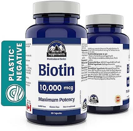 Biotin 10,000 mcg, 90 Vegan Capsules, 90-Day Supply, Maximum Potency Water-soluble Vitamin, Promotes Hair Growth, Stronger Nails & Healthier Skin, GMO & Gluten-Free, Proudly Canadian, Plastic Negative