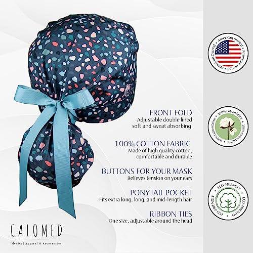 Image of Scrub Cap for Women and Men, Ponytail Scrub Caps, Working Hat, Head Cover with Ribbon Ties and Buttons, Long Hair