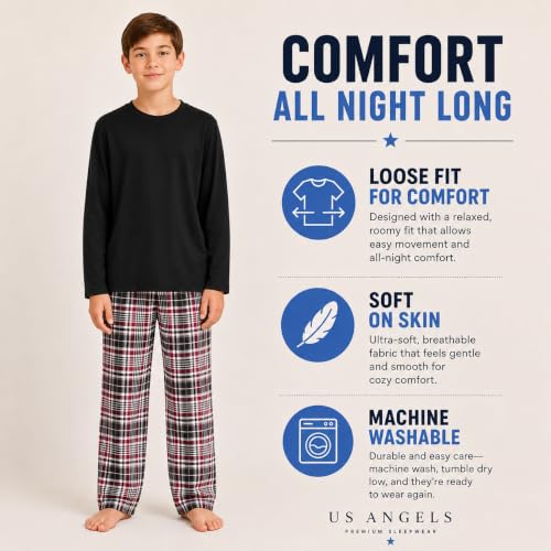 Image of US Angels Boys Pajamas Set | 3-Piece Pant, Shirt, Shorts Sleepwear Pjs for Kids | Loose Fit, Soft, Breathable Blue Plaid