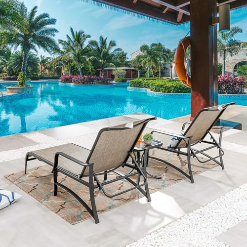 Image of LOKATSE HOME Adjustable Patio Chaise Lounge Set of 2, Outdoor Textiline Reclining Chairs with 1 Glass Top Bistro Table Sturdy Metal Frame for Backyard Porch Poolside, Grey