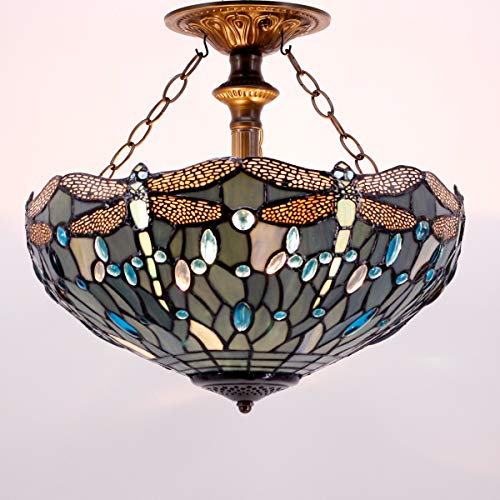 WERFACTORY Tiffany Ceiling Light Fixture Sea Blue Stained Glass Dragonfly 16 Inch Semi Flush Mount Lamp Decor Island Kitchen Bar Dining Bedroom Entryway Home Office (LED Bulb Included) S147 Series - Thumbnail 5