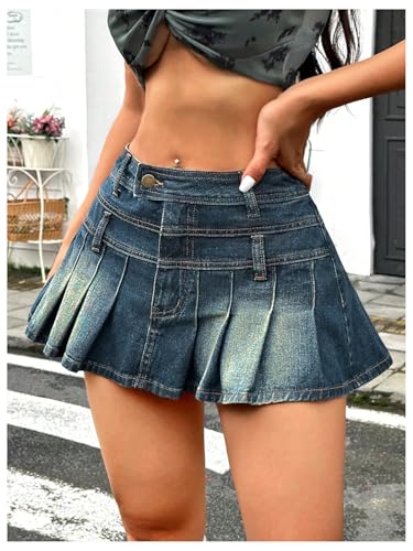 MakeMeChic Women's Pleated Denim Skirt A Line Flare Y2k Mini Jean Skirts4