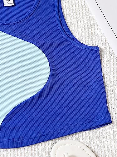 Image of SHENHE Girl's Colorblock Ribbed Knit Round Neck Sleeveless Slim Fit Tank Top Royal Blue 10Y