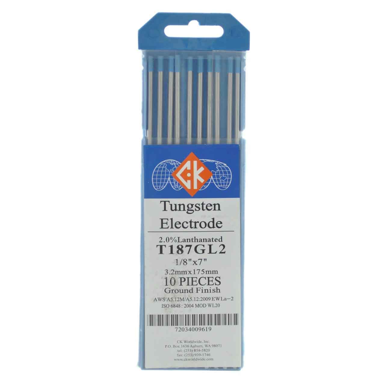 CK Worldwide T187GL2 2% Lanthanated Tungsten Electrode 1/8" X 7", 10 Pack