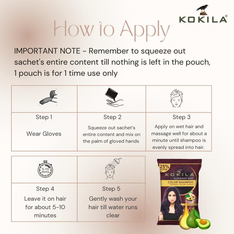 Image of Kokila Unisex Hair Color Shampoo Enriched With Almond Oil in Just 5 Minute, Long-Lasting Instant Hair Color Burgundy Pack of 15 (18ML Each)