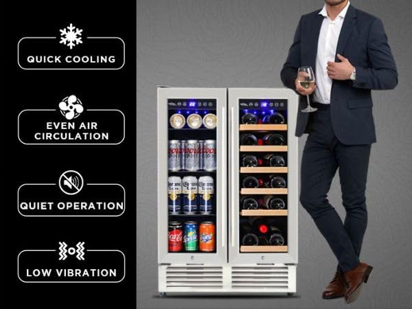 Koolatron Dual Zone Wine Fridge and Wine Cooler, 56 cans & 18 bottles (24 Inch), Built-In or Freestanding Compressor Under Counter Wine Refrigerator, Independent Temperature Control with French Doors on Fridge.com