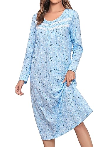 Long Cotton Nightgowns for Women Long Sleeve Night Gowns Women's Sleepwear Full Length Nightdress Soft Loungewear
