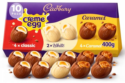 Cadbury Crème Egg Easter Assortment 10 Pack Includes 4 x Crème Eggs 2 x White Chocolate & 4 x Caramel Milk Chocolate Filled Creamy Filling Chocolate Creme Eggs Perfect For Eggs Hunt School