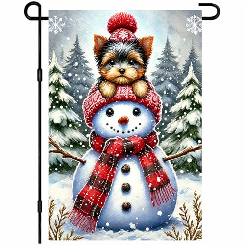 Image of BlissYard Garden Flag Snowman Pine Trees Winter 12x18 Inch Polyester