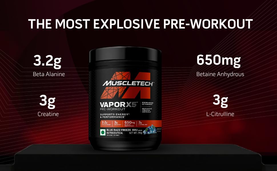 Image of MuscleTech Vapor X5 Pre Workout Powder Support Energy and Performance with Creatine Monohydrate, Beta Alanine, L-Citrulline & Caffeine - Fruit Punch Blast, 30 Servings, 270g
