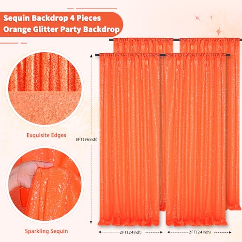 Image of Orange Party Decor Sequin Curtains 4Pcs 2FTx8FT Halloween Photo Backdrop Wedding Glitter Fabric Backdrops Birthday Party Background Christmas Home Decoration