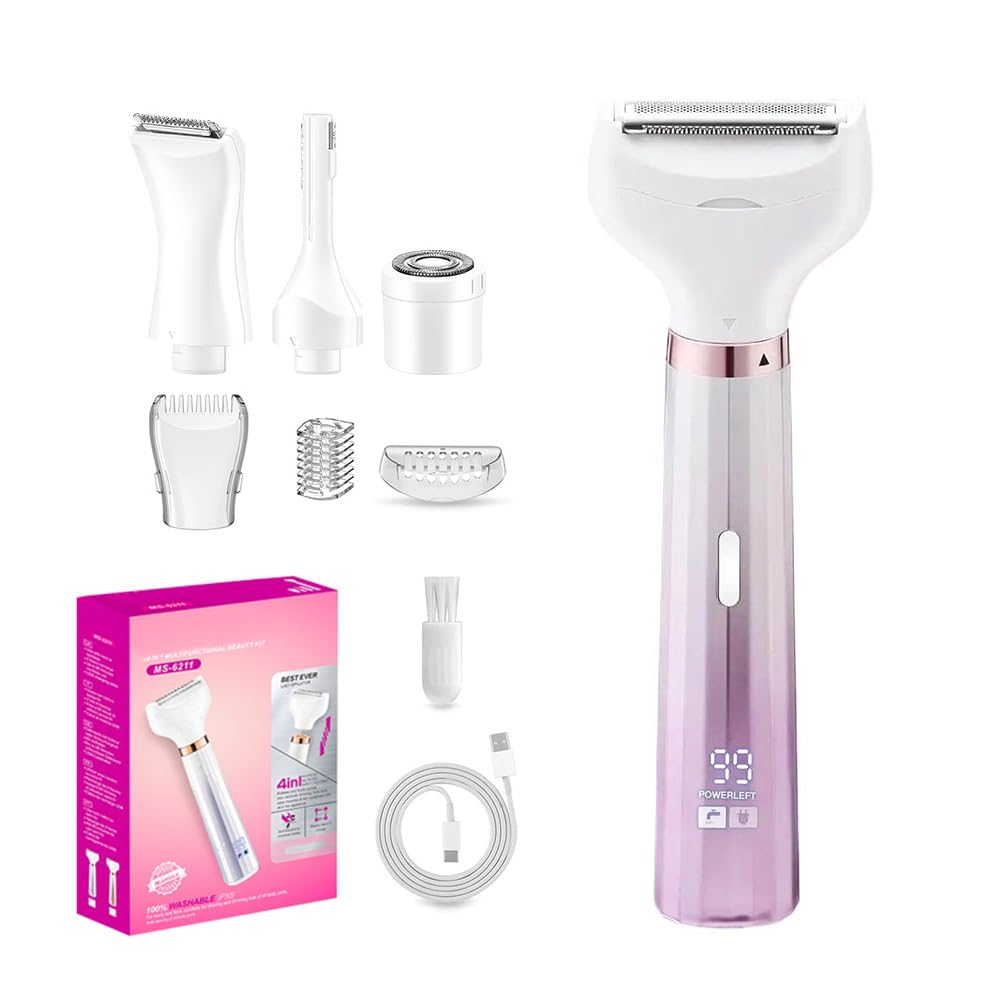 Depiladora Eléctrica para Mujer, 4 en 1 Rasuradora Mujer Zona Intima, Depiladora Facial Eléctrica sin Dolor, Recargable Afeitadora Shaver Maquina de Depilar para Cara, Axilas, Piernas, Bikini