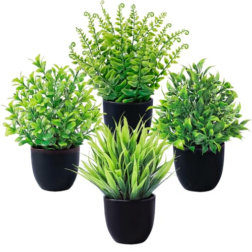 Bafenli 4 Piezas Pequeño Plantas Artificiales Plástico Mini Plantas Falsas con Macetas para Mesa Estante Baño Oficina Casa Decoración