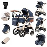 Zkiprm 3 in 1 Kinderwagen, Reisesystem, Babywanne Buggy&Sportsitz, Höhenverstellbare Armlehnen und Kinderwagen mit Aluminiumgestell, Mumientasche/Moskitonetz/Baumwollmatte, für Neugeborene 0-4 Jahre