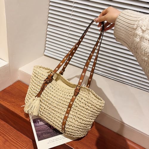 Women Straw Woven Bag Fashion Shoulder Bag Large Capacity Straw Tote Bag Adjustable Strap Stylish Handbag Vacation B4