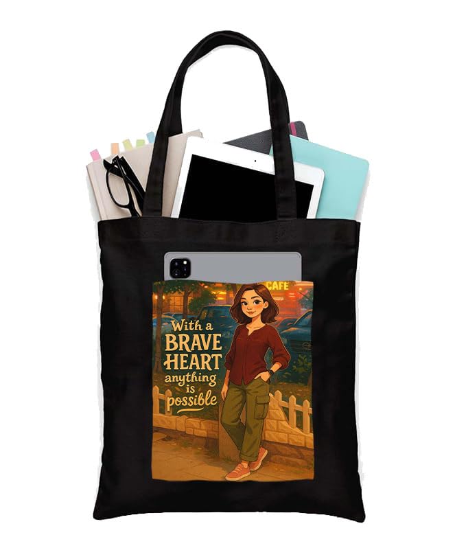 Image of Black Tote Bag With Pocket Printed Designed Canvas Tote Bags For Women large capacity,Tote bag For Shopping, College, Travel, More Canvas Handbag For Unisex Bag