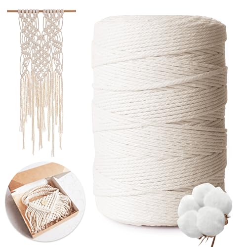 AiQInu Corde Macramé 3mm x 300m, 100% Fil de Coton Naturel pour Bricolage, Tapisserie, Tricot, DIY, Décoration Beige