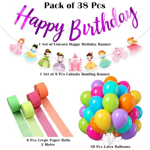 Image of Rozi Decoration Girls Birthday Decoration Kit with Happy Birthday Banner, Cartoon Girl Cutouts, Castle Bunting, Crepe Streamers and Multicolor Latex Balloons Pack of 38 Pcs