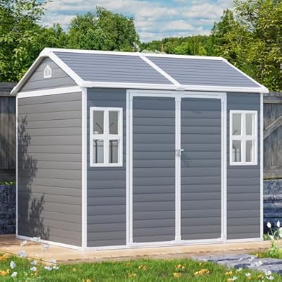 Outdoor Storage Shed 8x6x7 FT Resin Sheds Kit with Floor 2 Windows Swing Door,Waterproof Outside Plastic Sheds for Backyard Garden Patio Lawn Tools